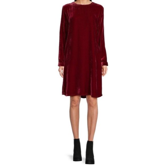Eileen Fisher Crew Neck Velvet Dress Knee Length Silk Deep Claret Red Womens XS